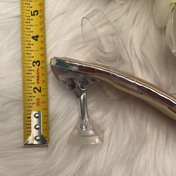 Vinyl Clear Silver Rhinestone Pointed Toe Kitten Heel Slingback Sandals Shoes - Picture 5 of 13